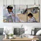 Three-panel canvas wall art featuring figures walking along sandy beach, displayed in a modern living room above seating.