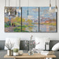 Three-panel canvas wall art featuring formal city park with trees, displayed in a modern living room above seating.