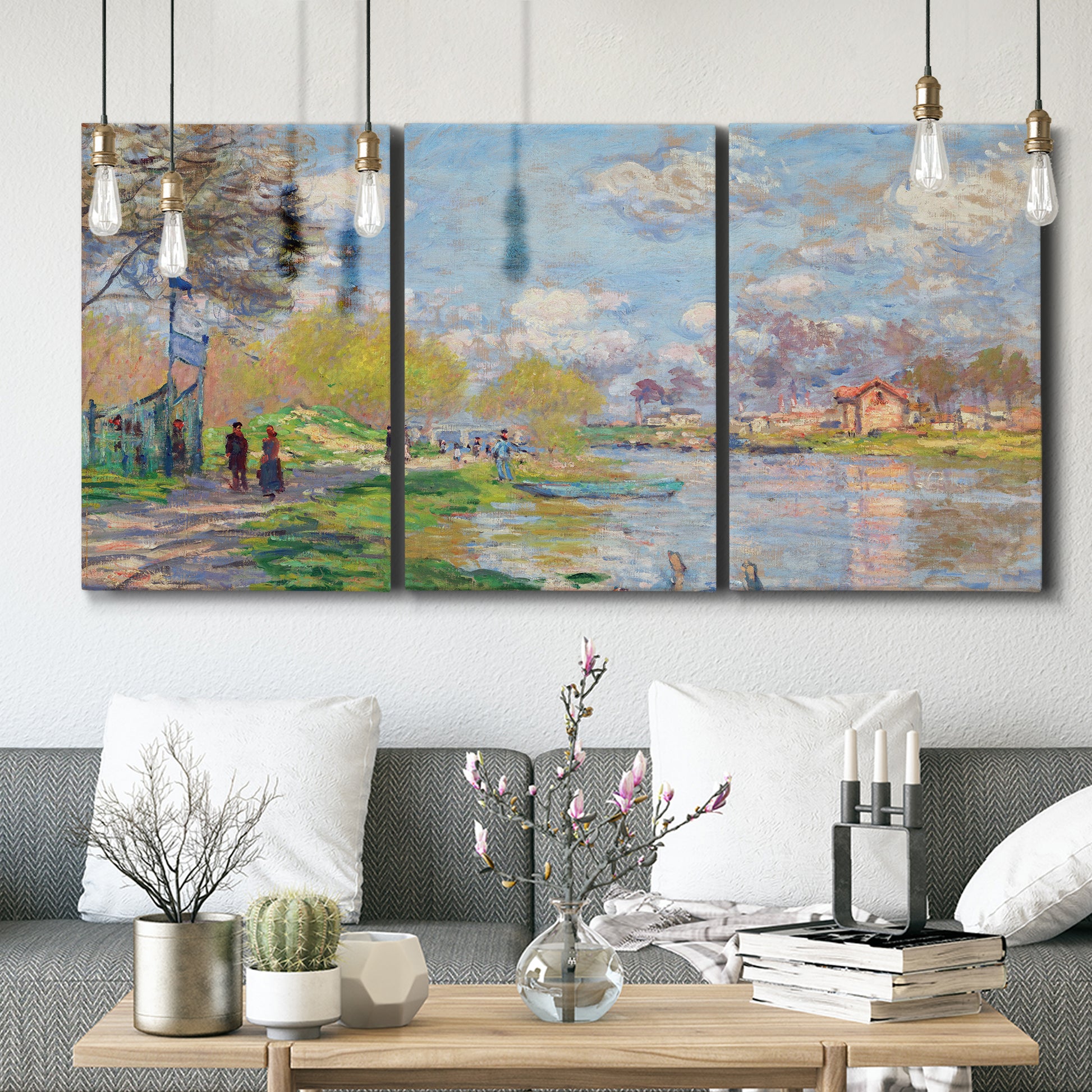 Three-panel canvas wall art featuring formal city park with trees, displayed in a modern living room above seating.