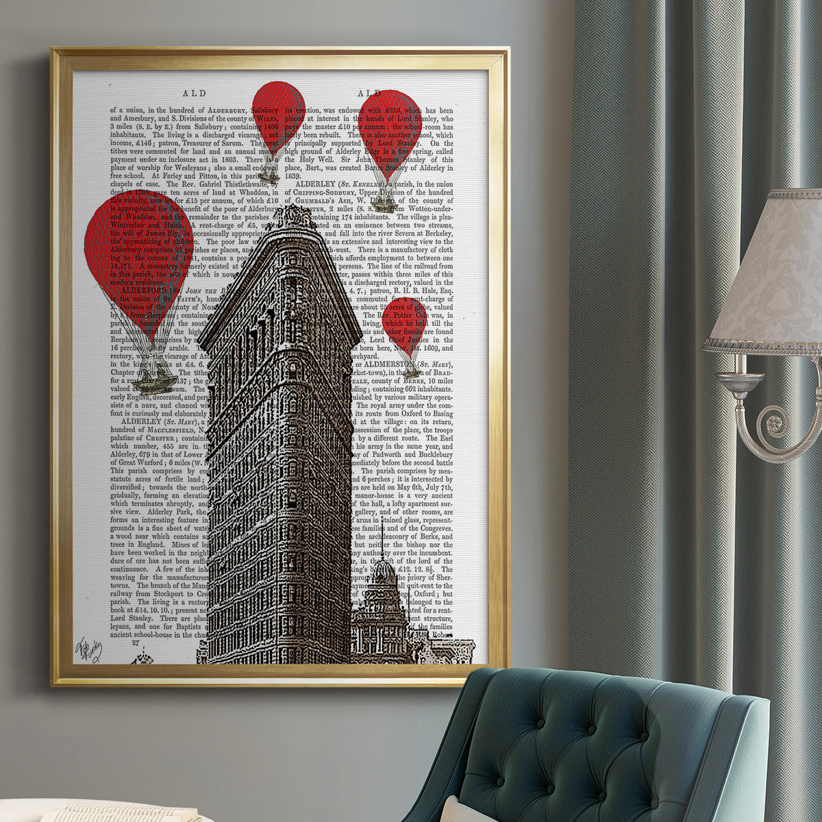 Flat Iron Building and Red Hot Air Balloons - Modern Framed Canvas Print
