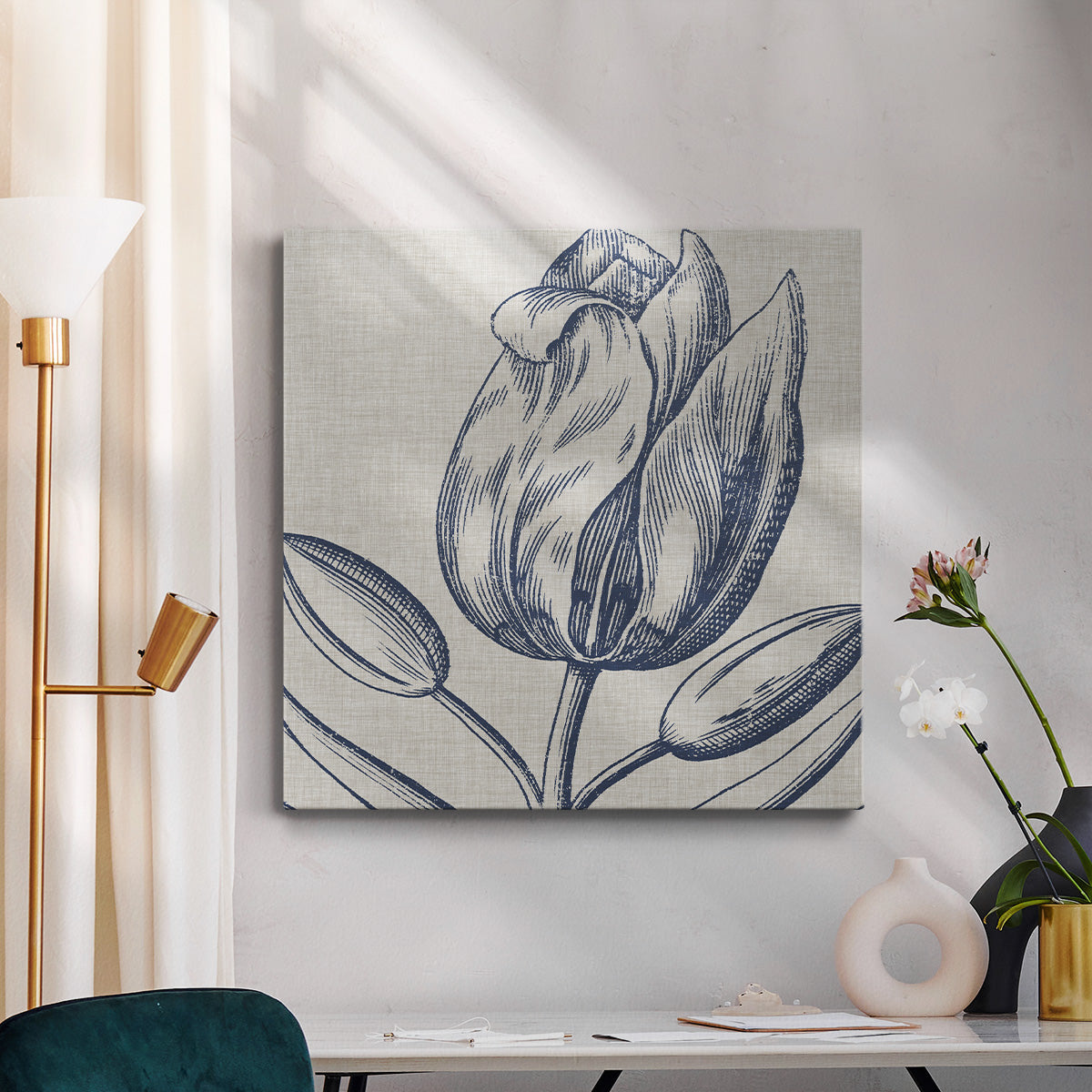 Indigo Floral on Linen IV - Canvas Art Print