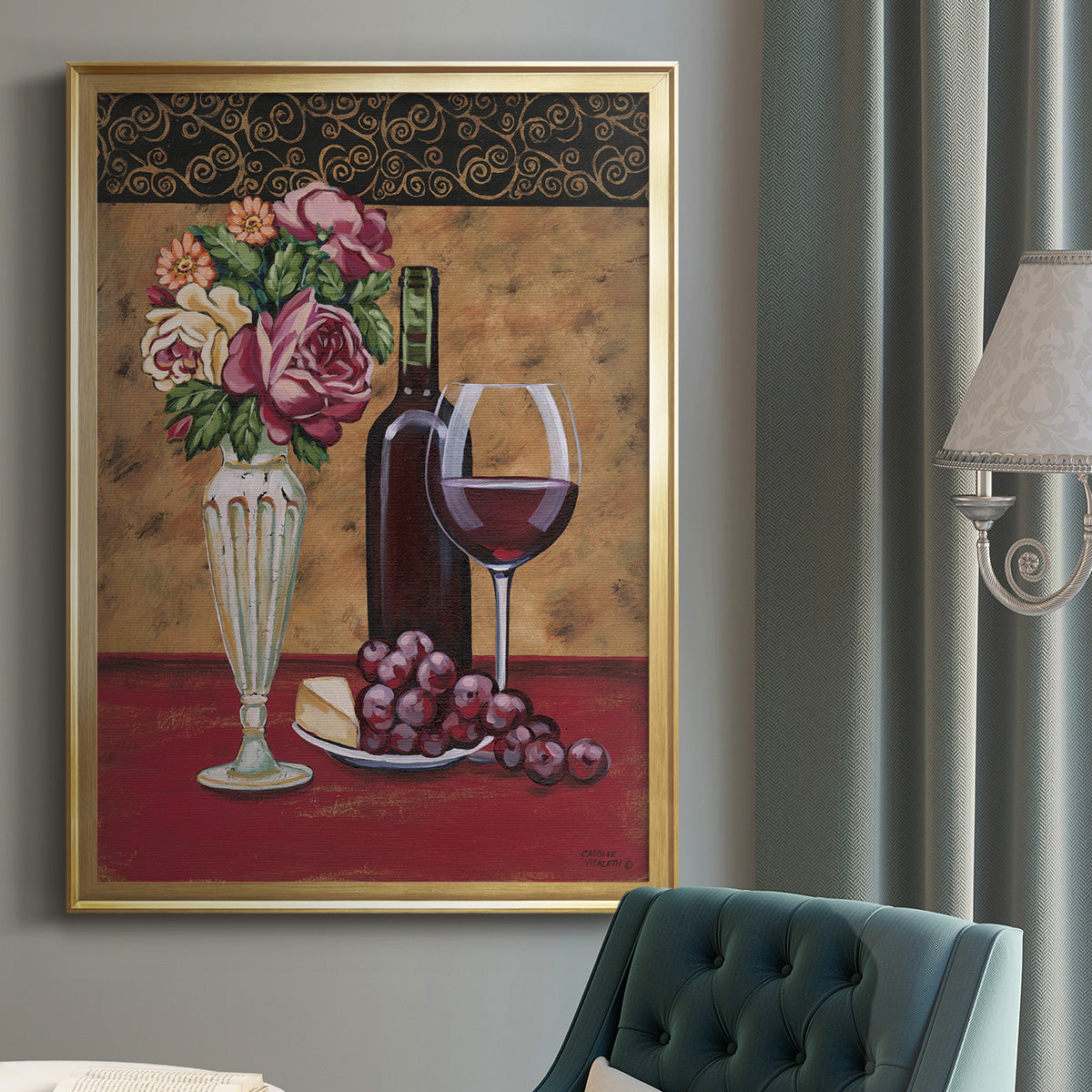 Vintage Flowers and Wine I - Modern Framed Canvas Print