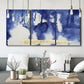 Three-panel canvas wall art featuring saturated abstract color fields, displayed in a modern living room above seating.