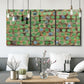 Three-panel canvas wall art featuring geometric fractal abstract slot pattern, displayed in a modern living room above seating.