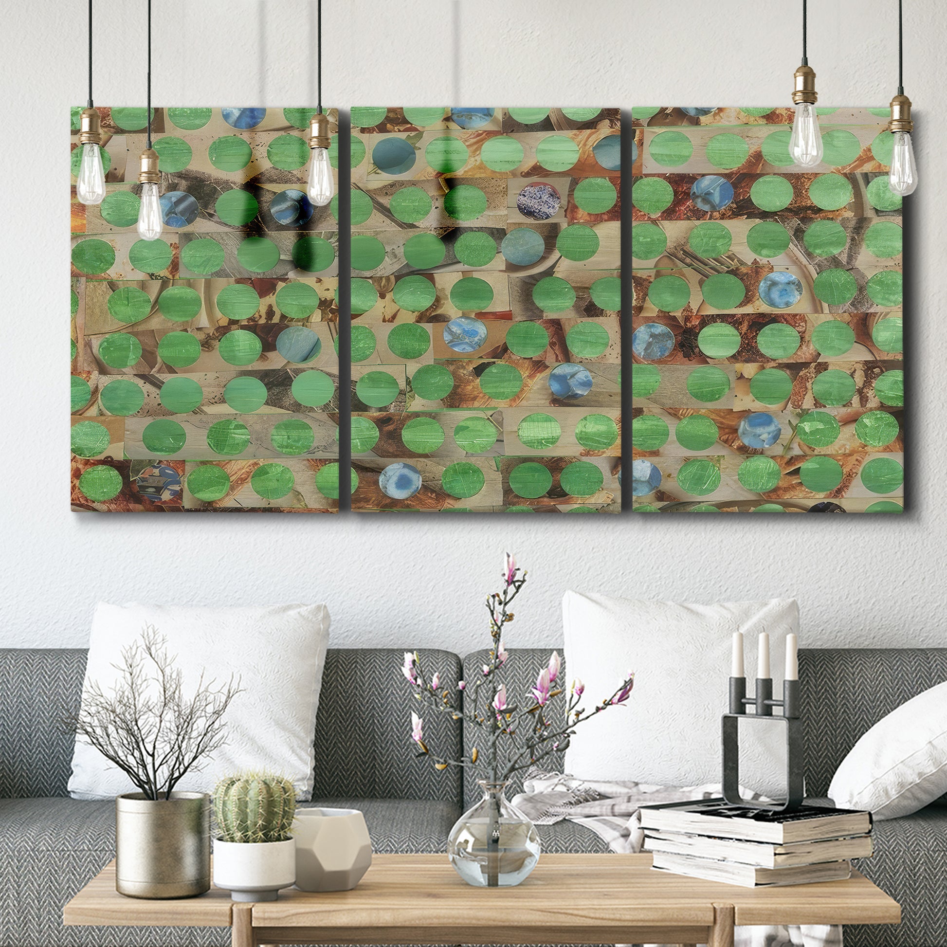 Three-panel canvas wall art featuring geometric fractal abstract slot pattern, displayed in a modern living room above seating.