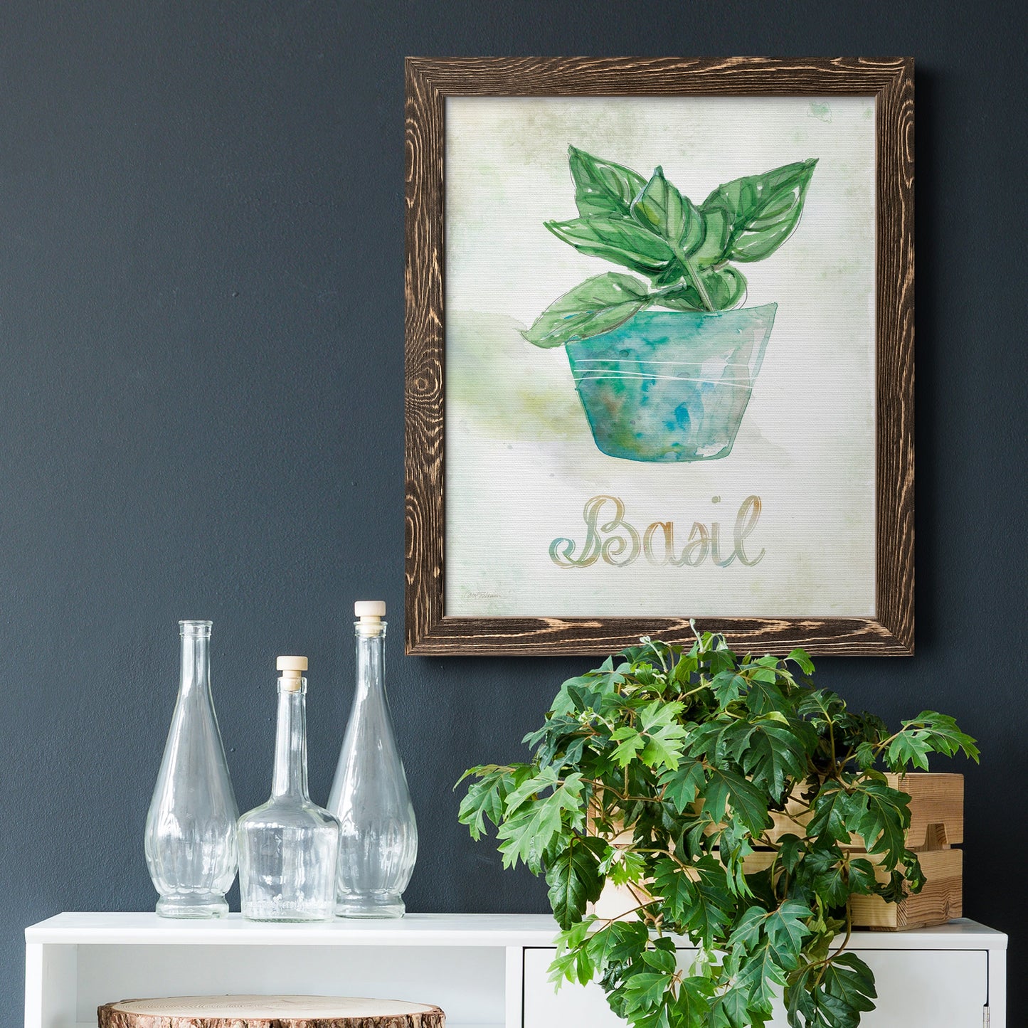 Potted Basil - Premium Canvas Framed in Barnwood - Ready to Hang