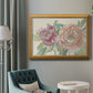 Modern peony floral drawing in an ornate antique gold frame displayed in a neutral interior setting.