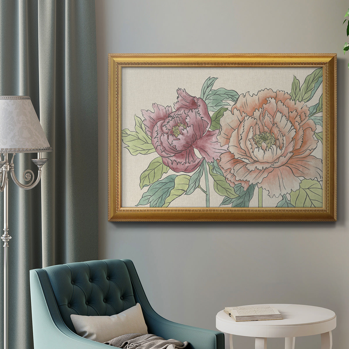 Modern peony floral drawing in an ornate antique gold frame displayed in a neutral interior setting.
