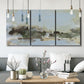 Three-panel canvas wall art featuring minimal abstract summer landscape, displayed in a modern living room above seating.
