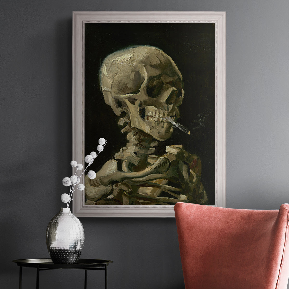 Head of a Skeleton with a Burning Cigarette - Ornate Framed Canvas Print