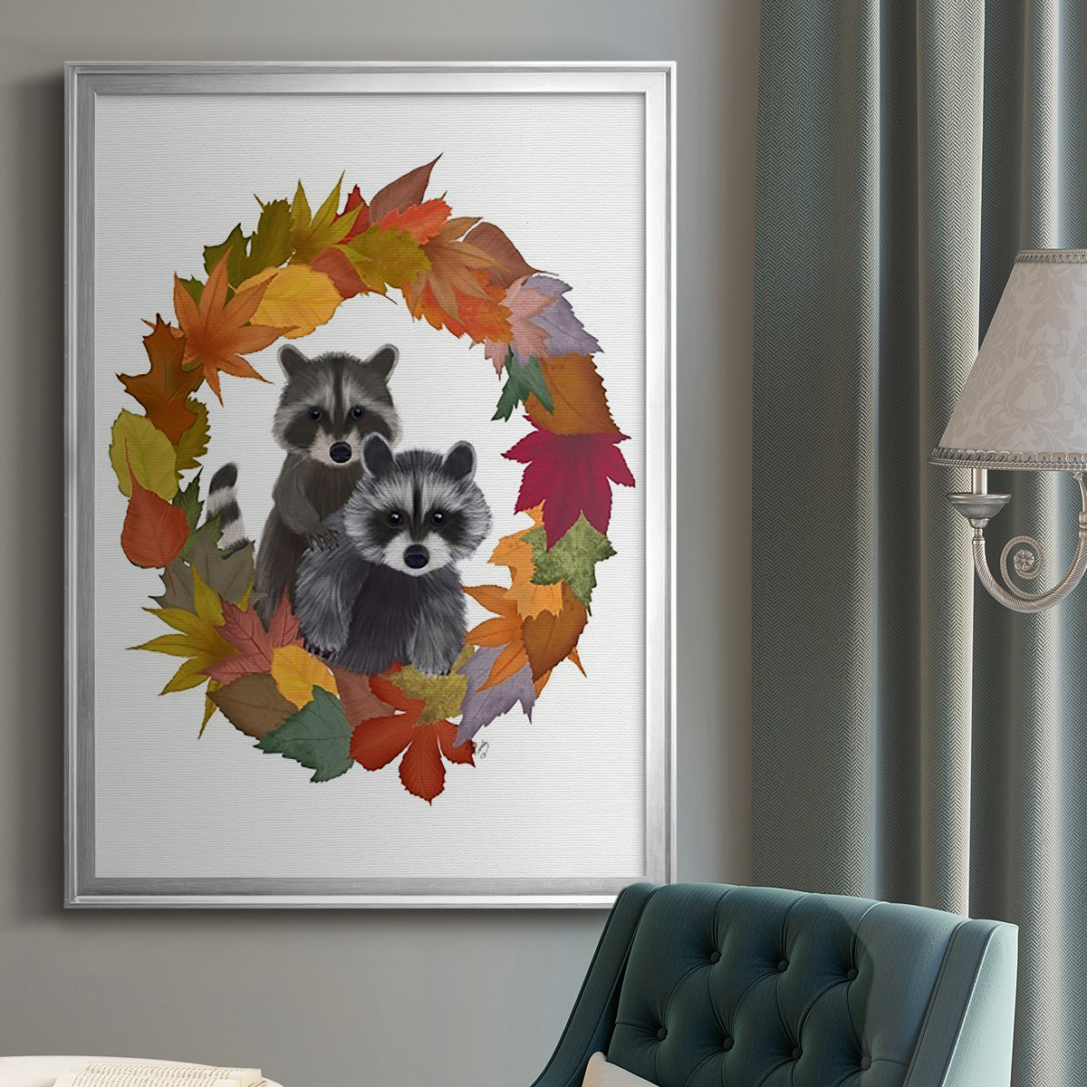 Raccoons Autumn Leaf Wreath - Modern Framed Canvas Print