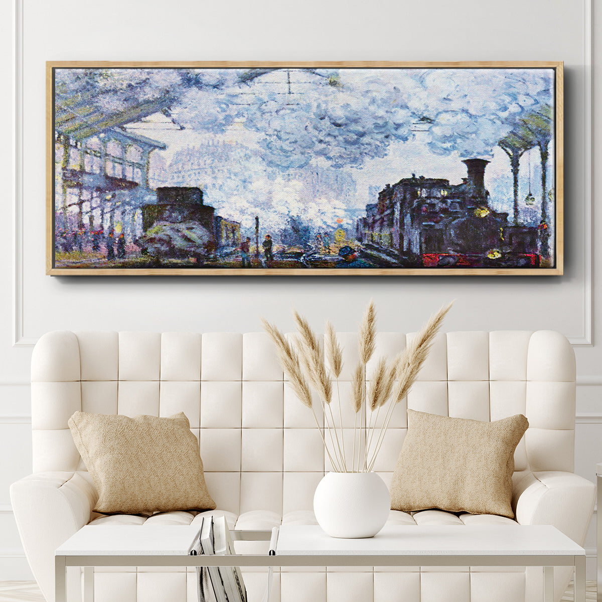 Saint Lazare Station in Paris, Arrival of a Train - Floater Framed Canvas Print