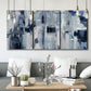 Three-panel canvas wall art featuring soft abstract mountain color fields, displayed in a modern living room above seating.