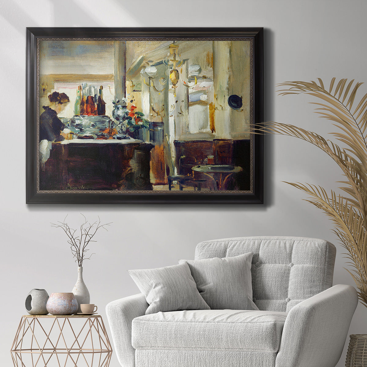 Impressionist café still life scene by Édouard Manet in an ornate black frame with gilded inner detail displayed in a bright interior setting.