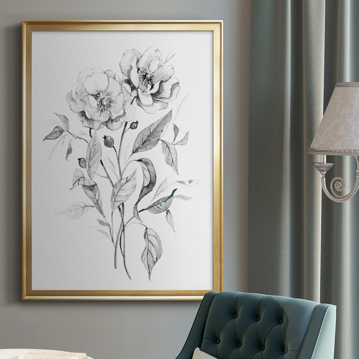 Wild Roses Sketch - Modern Framed Canvas Print