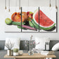 Three-panel canvas wall art featuring impressionist market still life, displayed in a modern living room above seating.