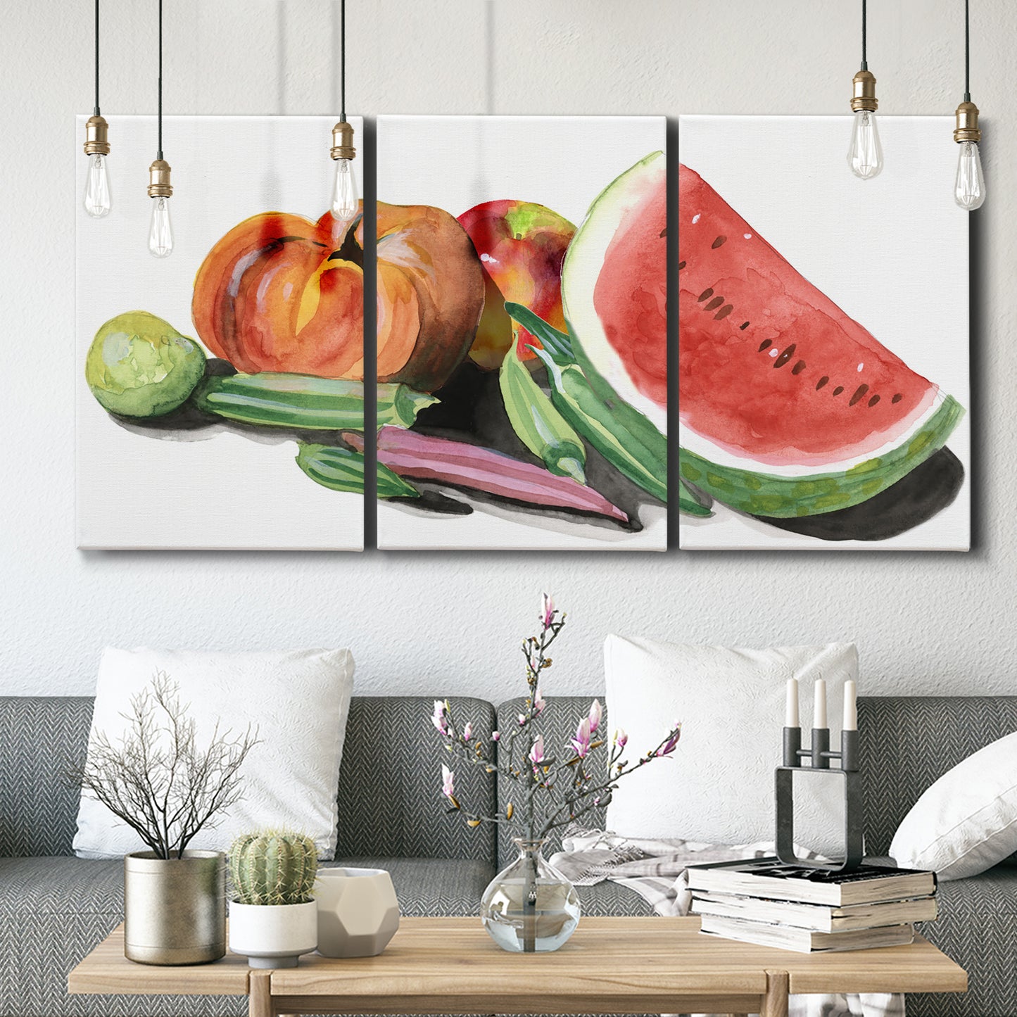 Three-panel canvas wall art featuring impressionist market still life, displayed in a modern living room above seating.