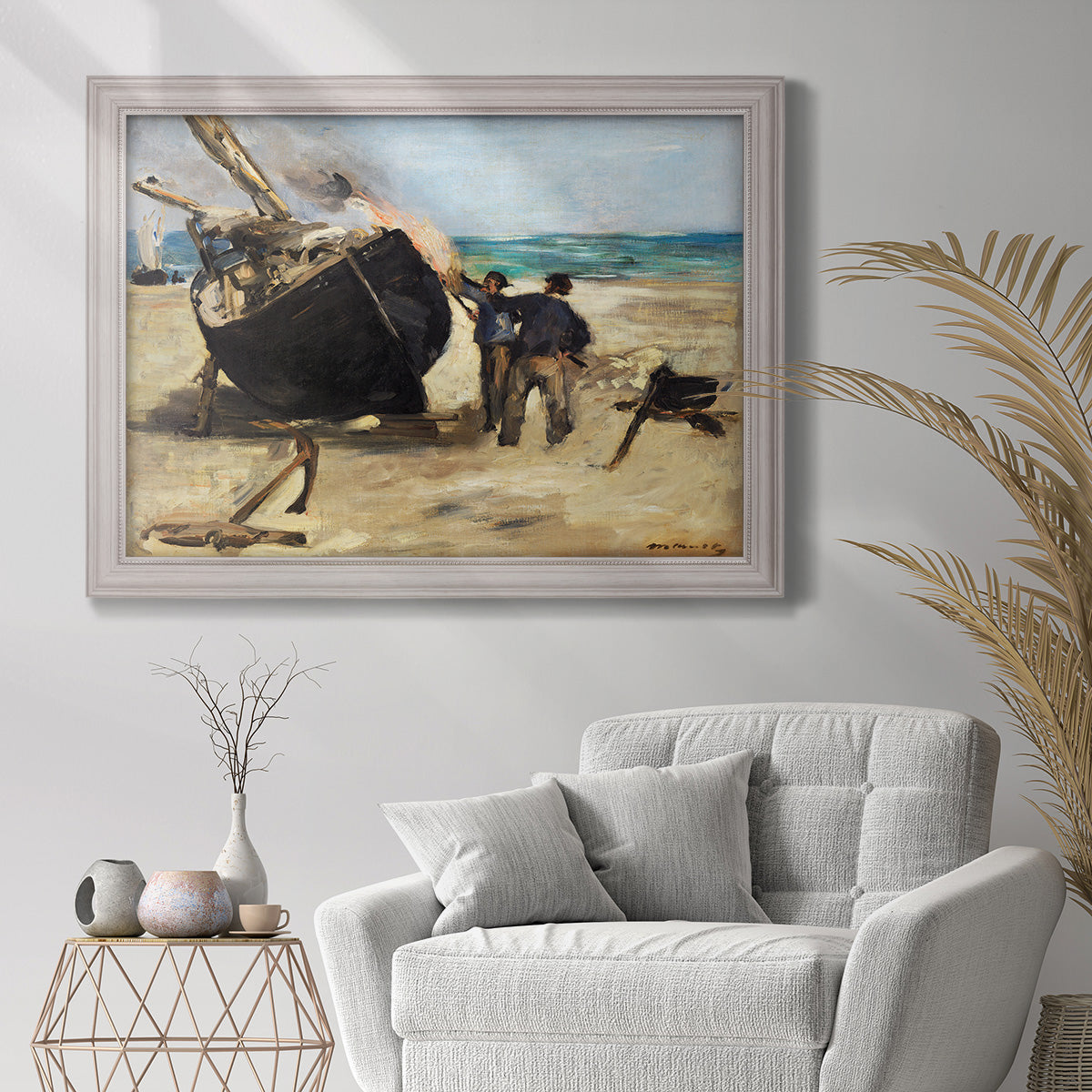 Impressionist nautical work scene by Édouard Manet in an ornate weathered white frame displayed in a bright interior setting.