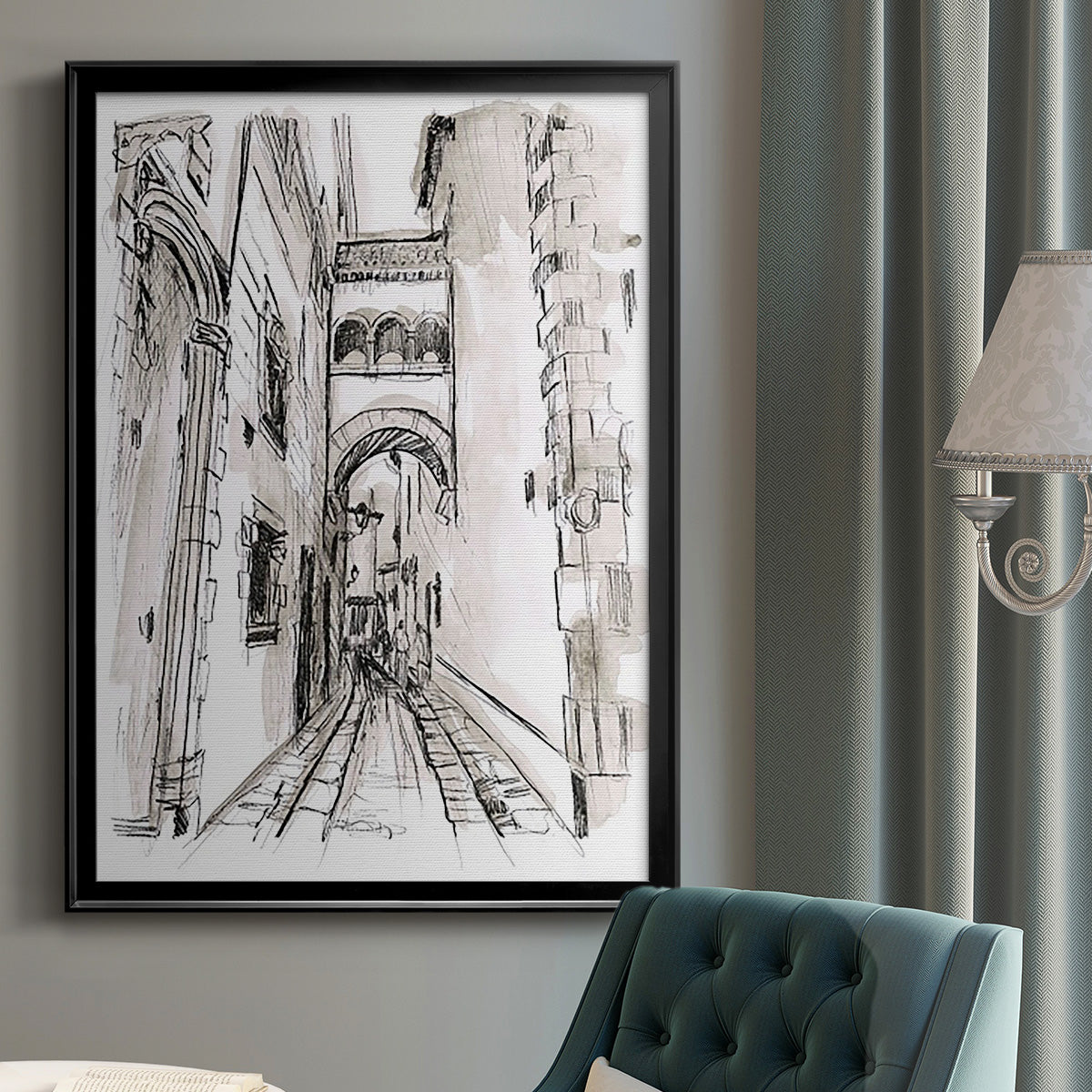 Europe Street Sketches II - Modern Framed Canvas Print