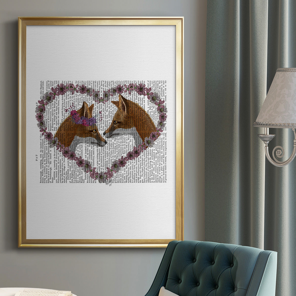 Foxes in Flowers - Modern Framed Canvas Print