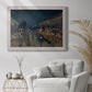 Impressionist nighttime Paris street scene by Camille Pissarro in an ornate weathered white frame displayed in a bright interior setting.