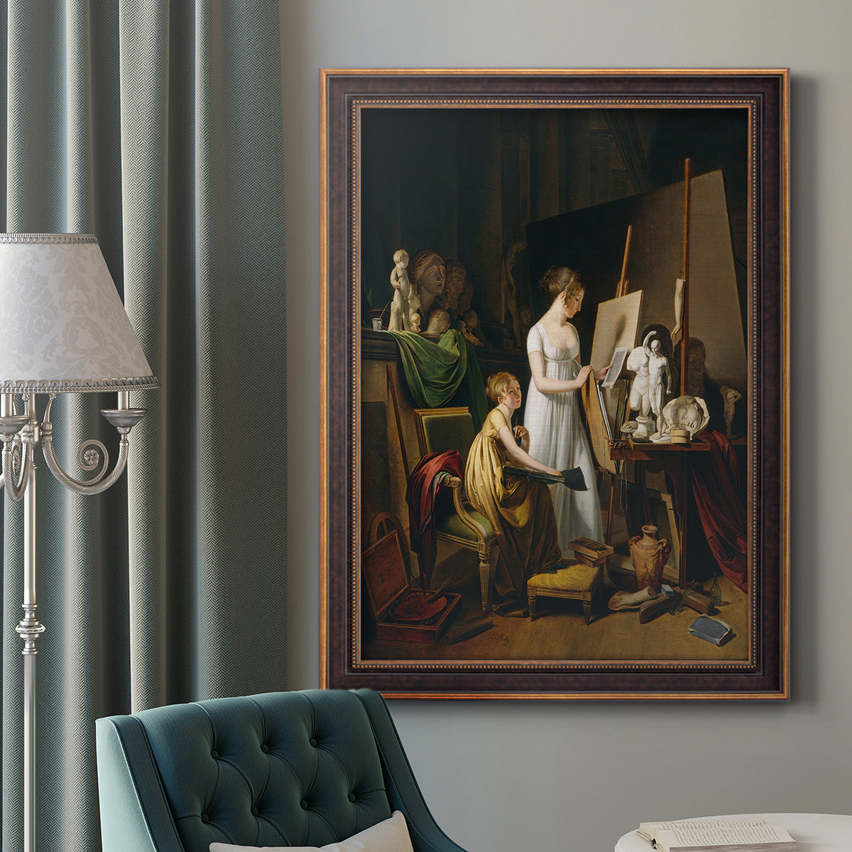 Classical interior painting of an artist at work by Louis-Leopold Boilly in an ornate bronzed mahogany wood frame displayed in a dark-toned interior setting.