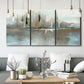 Three-panel canvas wall art featuring glowing abstract city lights, displayed in a modern living room above seating.
