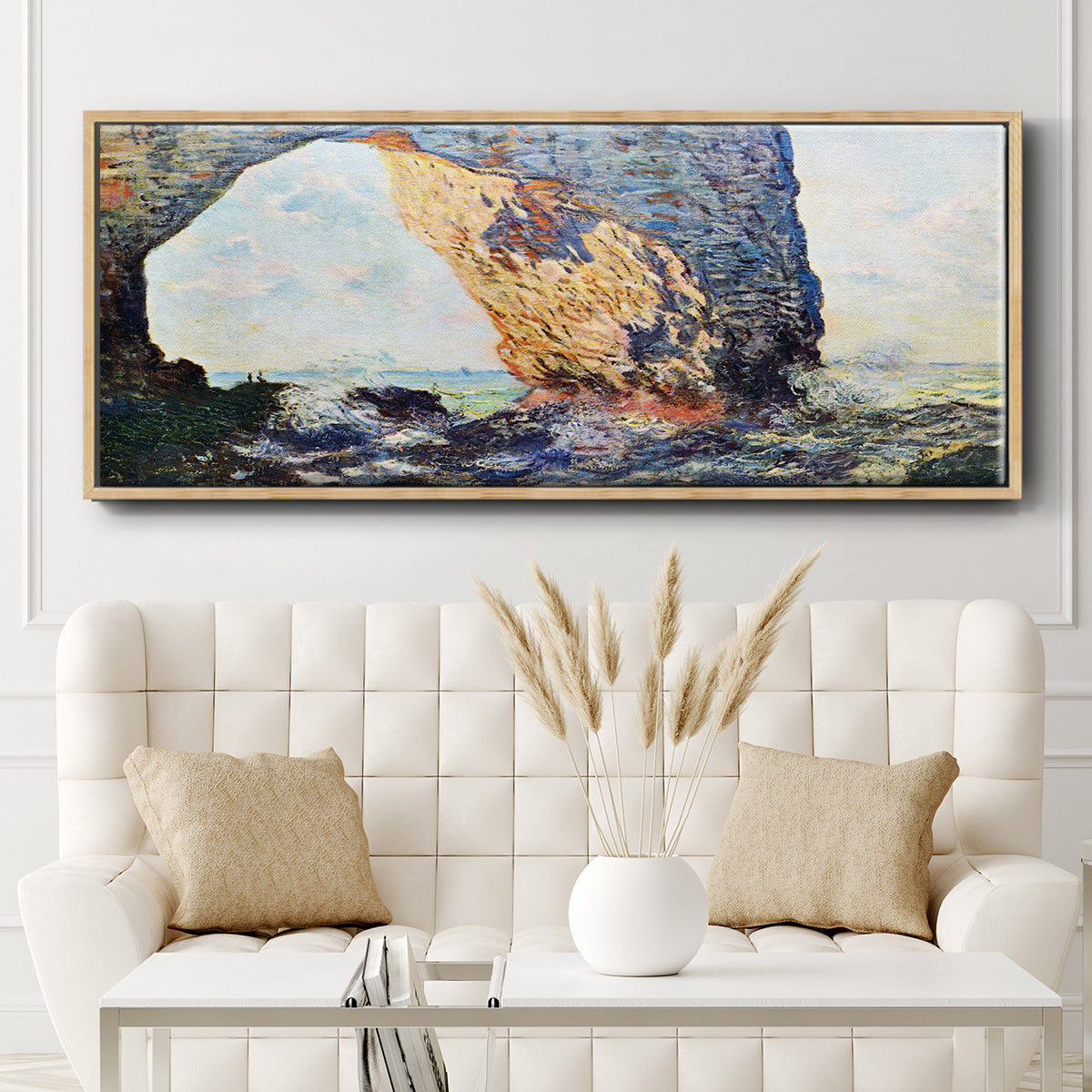The rocky cliffs of Ã‰tretat (La Porte man) [1] by Monet - Floater Framed Canvas Print