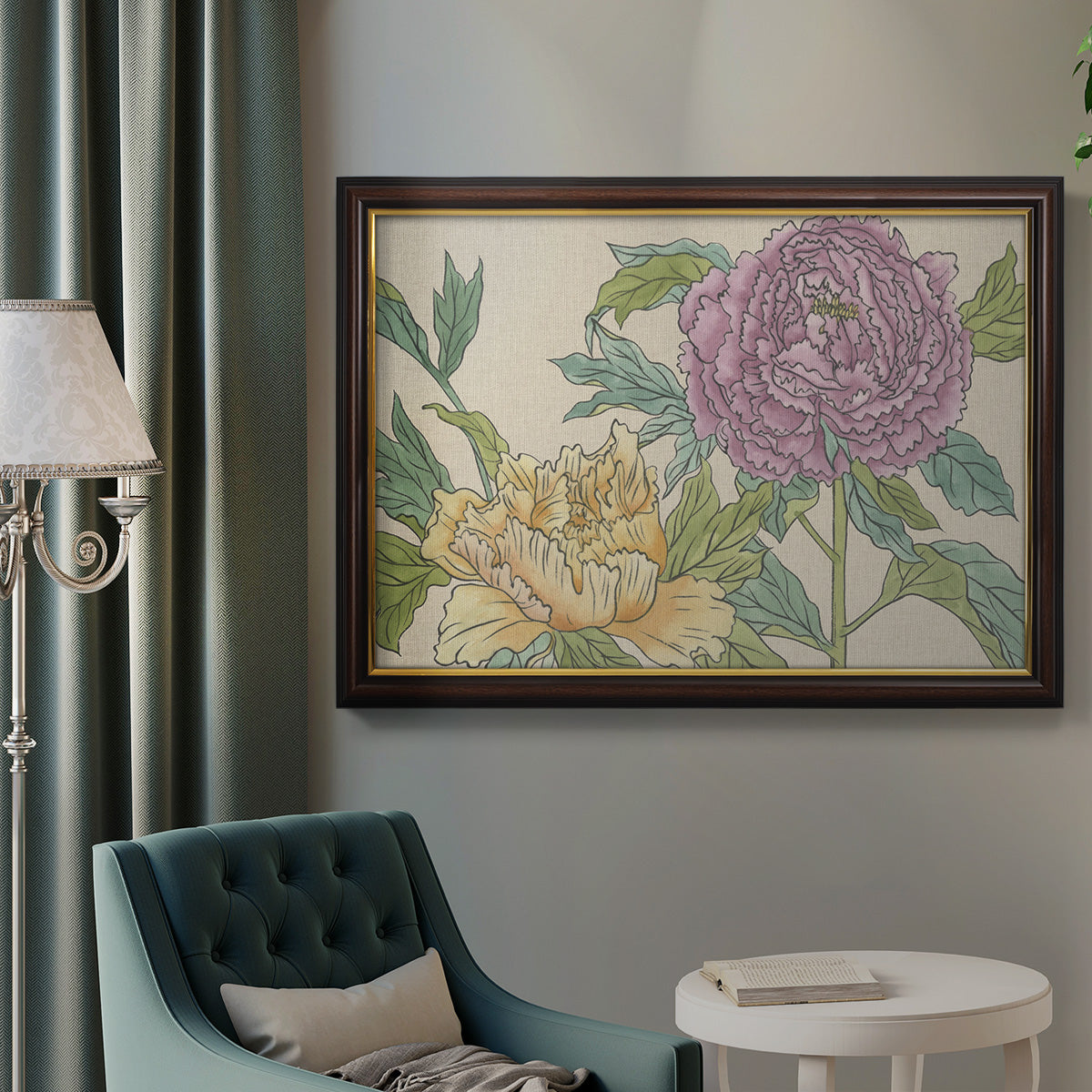 Contemporary peony flower illustration in an ornate mahogany wood frame with gold liner displayed in a neutral interior setting.