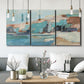 Three-panel canvas wall art featuring coastal shoreline with soft waves, displayed in a modern living room above seating.