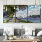Three-panel canvas wall art featuring river landscape with boats, displayed in a modern living room above seating.