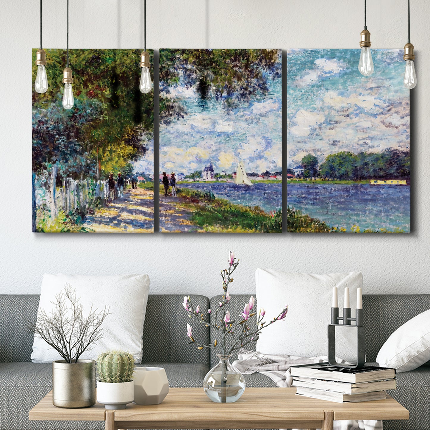 Three-panel canvas wall art featuring river landscape with boats, displayed in a modern living room above seating.