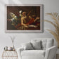 Classical religious painting of Saint Jerome with an angel by Simon Vouet in an ornate weathered white frame displayed in a bright interior setting.