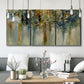 Three-panel canvas wall art featuring earth toned abstract leaf textures, displayed in a modern living room above seating.