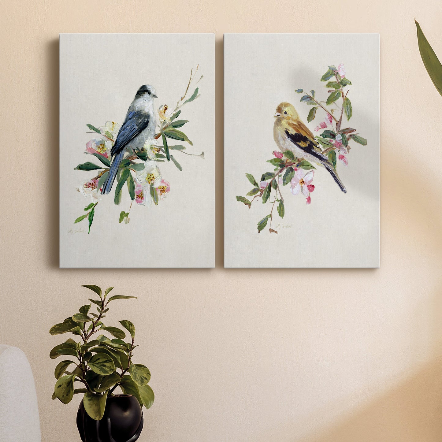 Spring Song Gray Jay Premium Gallery Wrapped Canvas - Ready to Hang - Set of 2 - 8 x 12 Each