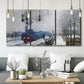 Three-panel canvas wall art featuring steam train in snowy landscape, displayed in a modern living room above seating.