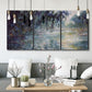 Three-panel canvas wall art featuring misty river scene in morning light, displayed in a modern living room above seating.