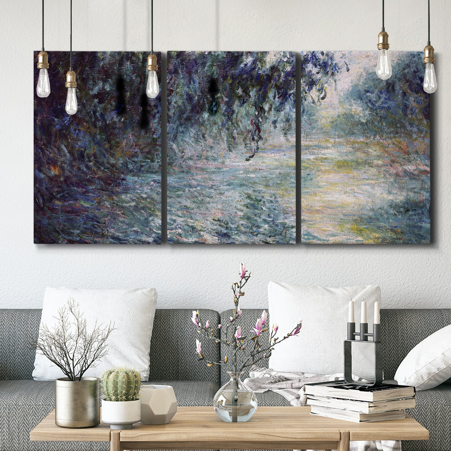 Three-panel canvas wall art featuring misty river scene in morning light, displayed in a modern living room above seating.