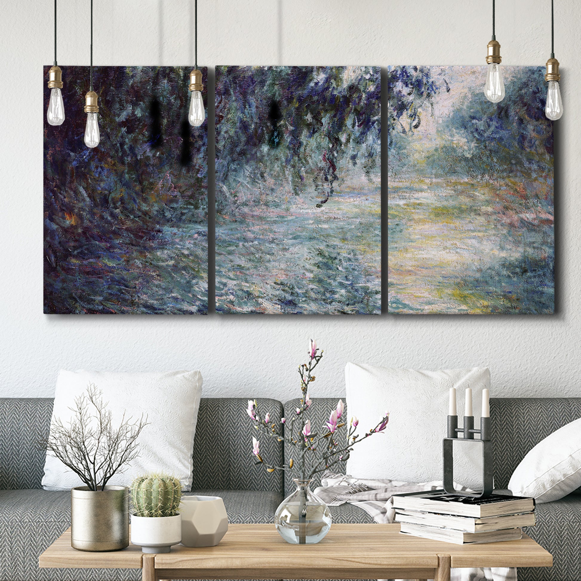Three-panel canvas wall art featuring misty river scene in morning light, displayed in a modern living room above seating.