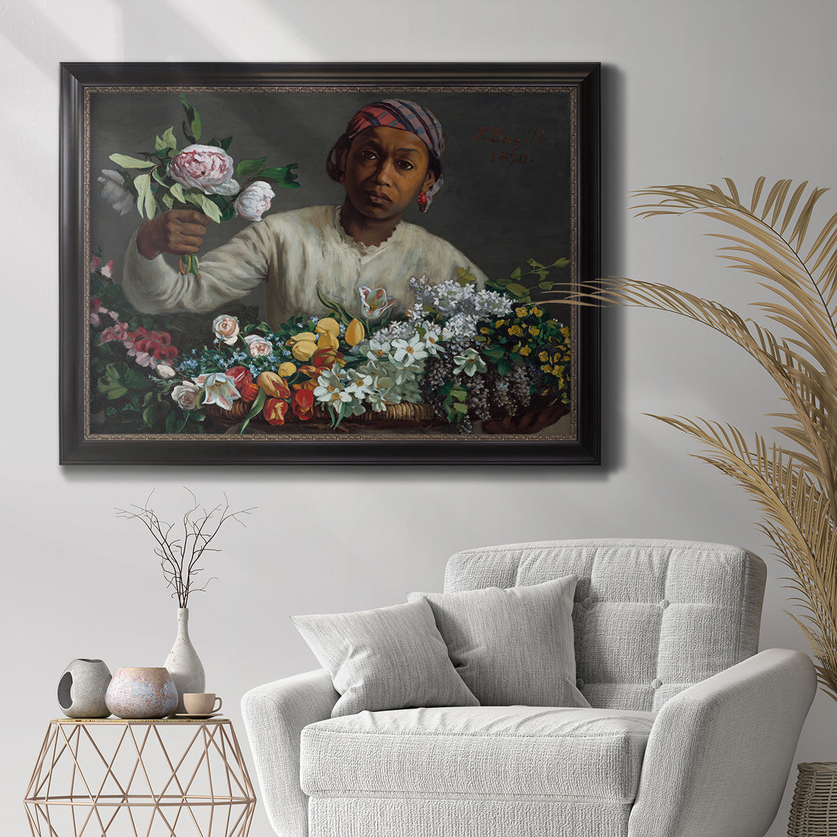 Traditional portrait of a woman holding peonies by Frédéric Bazille in an ornate black frame with gilded inner detail displayed in a bright interior setting.