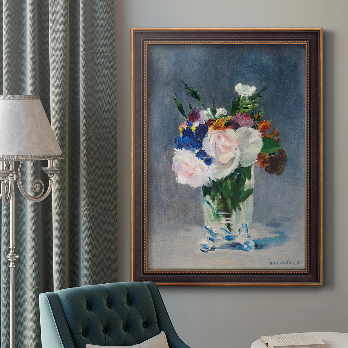 Impressionist floral still life painting by Claude Monet in an ornate bronzed mahogany wood frame displayed in a dark-toned interior setting.