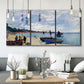 Three-panel canvas wall art featuring busy beach scene with shoreline, displayed in a modern living room above seating.