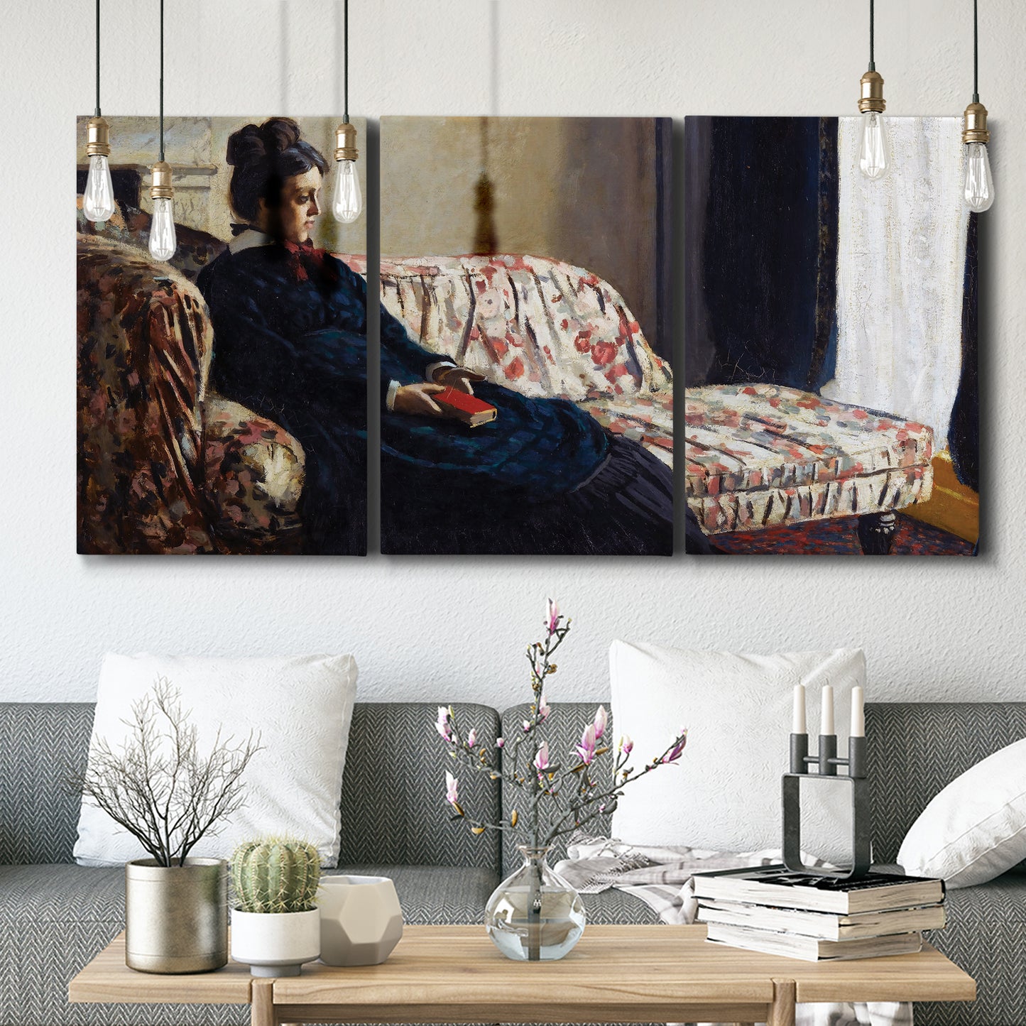 Three-panel canvas wall art featuring woman resting on sofa indoors, displayed in a modern living room above seating.
