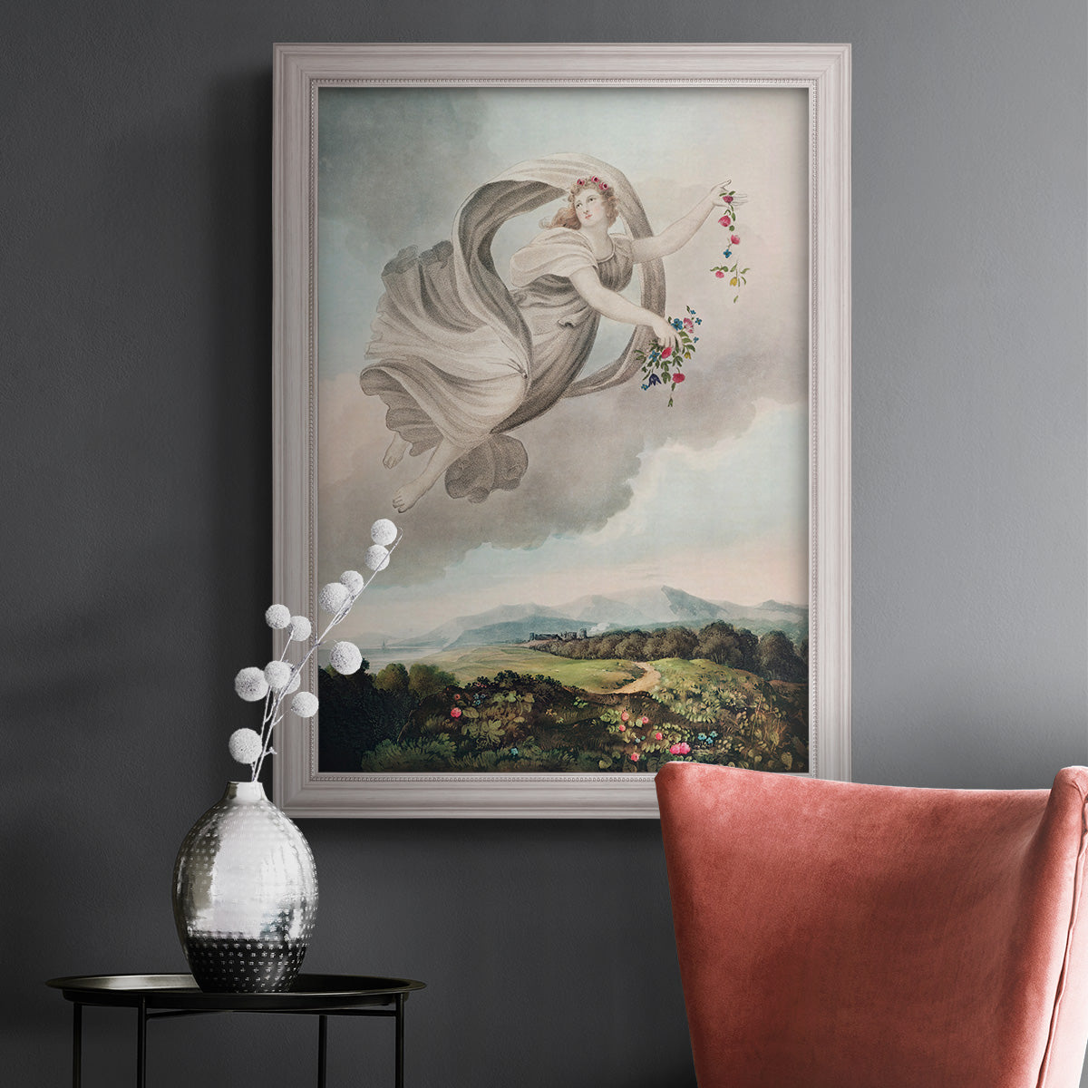 Classical allegorical depiction of the goddess Flora by Robert John Thornton in an ornate weathered white frame displayed in a dark-toned interior setting.