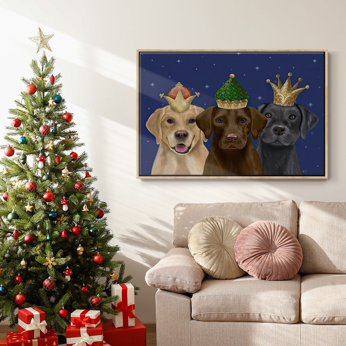 Christmas Labradors, Three Kings - Floater Framed Canvas Print