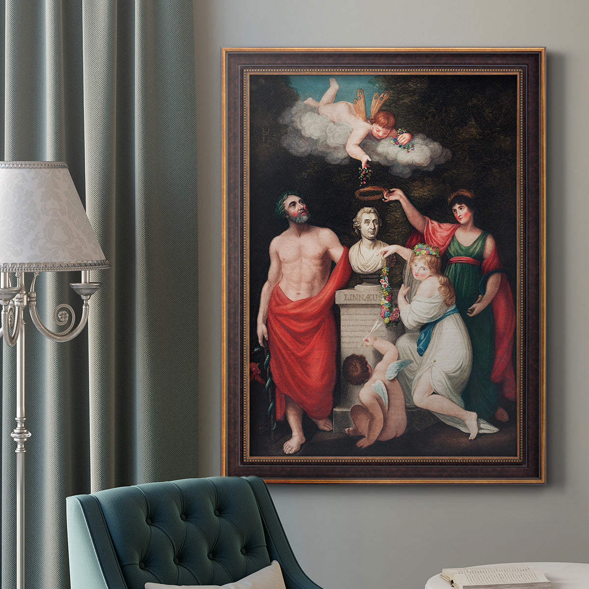 Classical allegorical painting honoring Linnaeus by Robert John Thornton in an ornate bronzed mahogany wood frame displayed in a dark-toned interior setting.