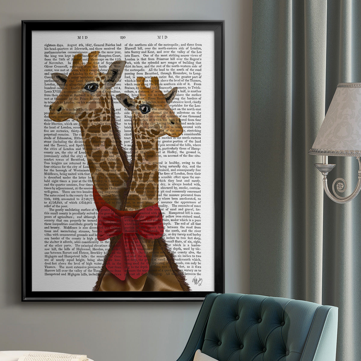 Giraffes and Bow - Modern Framed Canvas Print