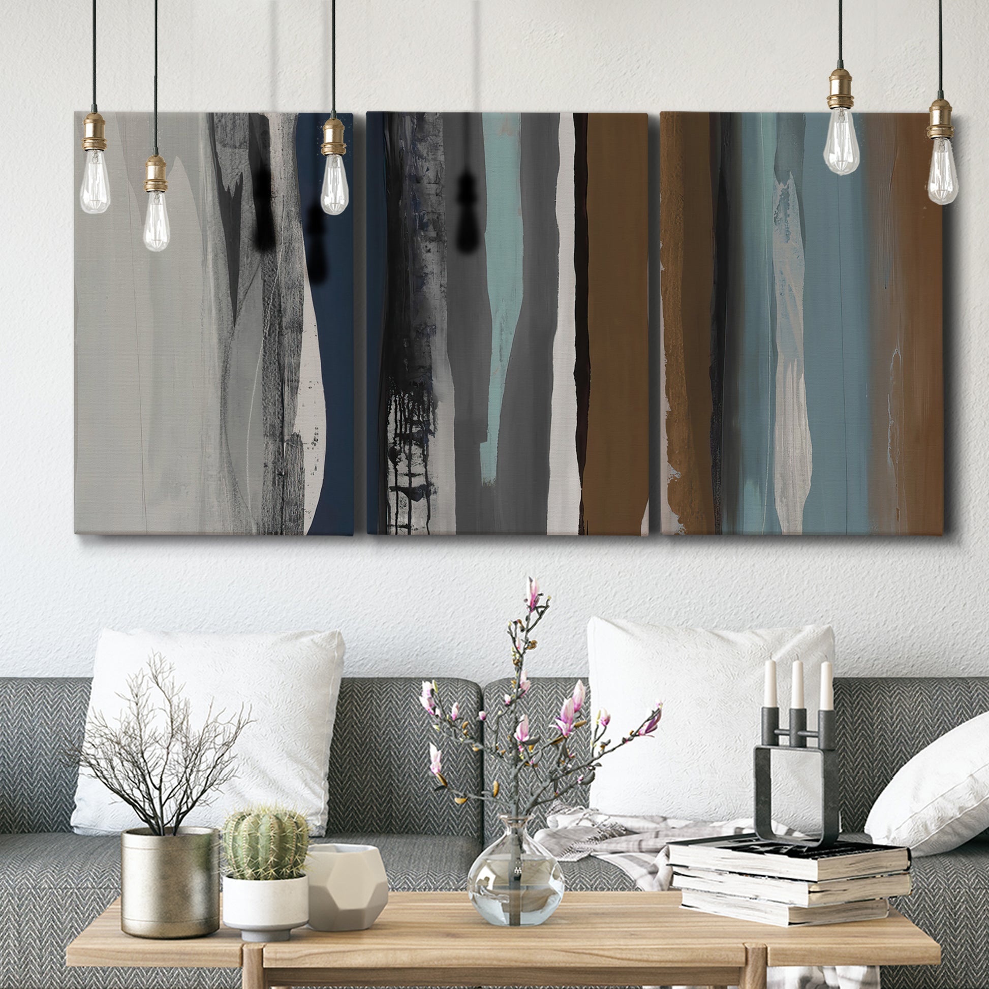 Three-panel canvas wall art featuring layered abstract amusement park tones, displayed in a modern living room above seating.