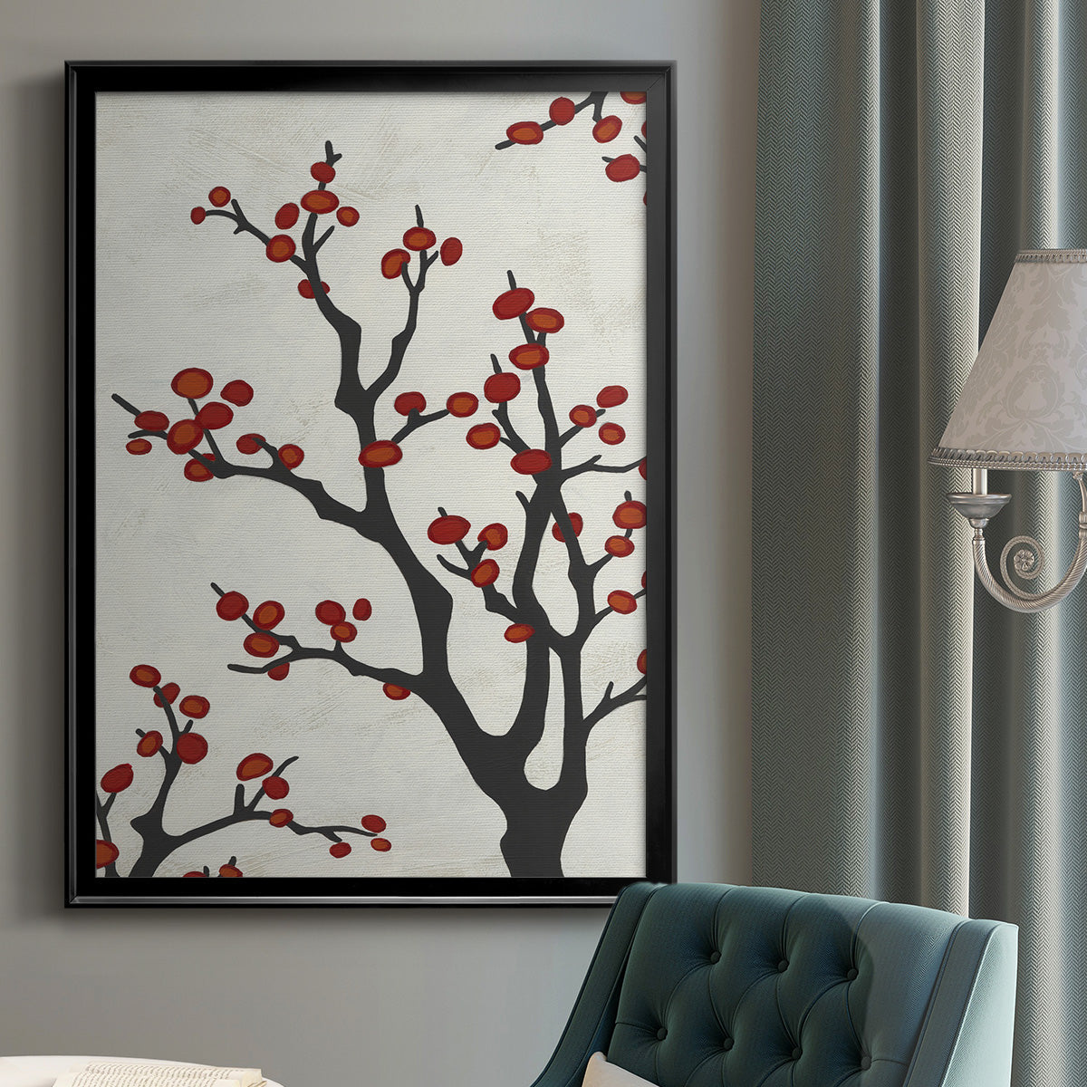 Red Berry Branch II - Modern Framed Canvas Print