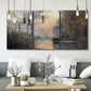 Three-panel canvas wall art featuring winter river sunset with reflections, displayed in a modern living room above seating.